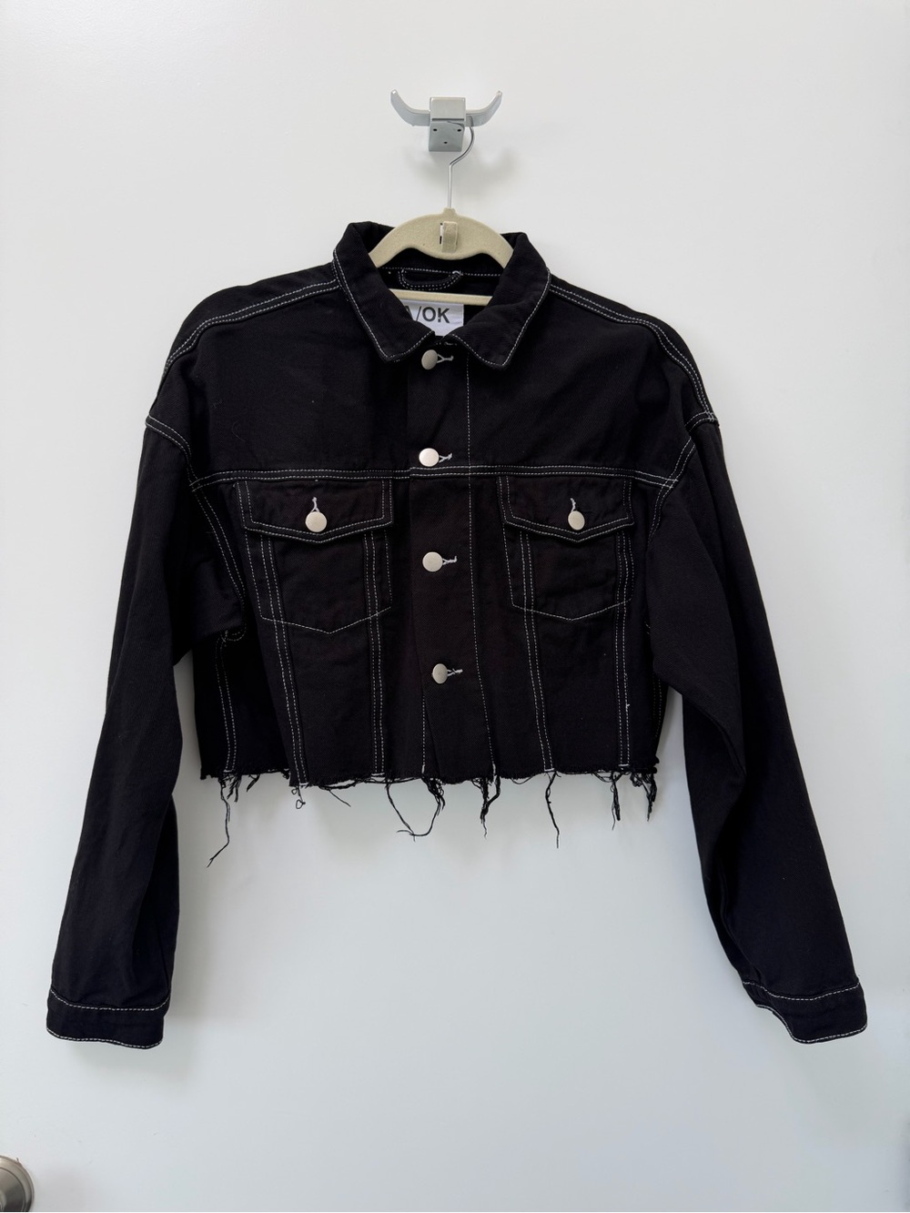 A/OK Cropped Black Denim Jacket with Contrast Stitching